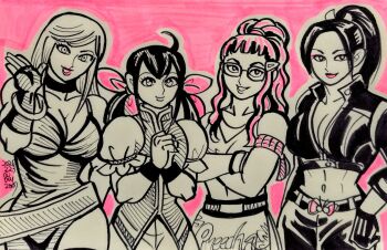 Rule 34 | 4girls, b. jenet, belt, bracelet, breasts, choker, cleavage, collarbone, dress, fatal fury, fatal fury: city of the wolves, fingerless gloves, futaba hotaru, garou: mark of the wolves, glasses, gloves, hair ornament, hair ribbon, hairclip, jacket, jewelry, large breasts, lipstick, long hair, looking at viewer, makeup, midriff, multiple girls, navel, ponytail, preecha (fatal fury), ribbon, ry2507, shiranui mai, smile, snk, the king of fighters, thigh strap, twintails