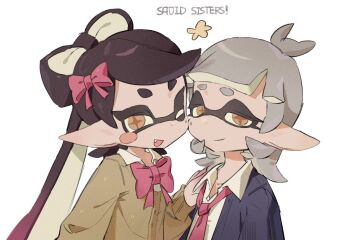 2girls :d antenna_hair black_hair blue_cardigan blunt_bangs blush_stickers bow bow-shaped_hair bowtie callie_(splatoon) cardigan collared_shirt cousins diamond-shaped_pupils diamond_(shape) english_text fangs grey_hair hair_bow hand_on_another&#039;s_shoulder inkling long_hair looking_at_viewer mangmengml marie_(splatoon) mole mole_under_eye multiple_girls necktie nintendo one_eye_closed open_cardigan open_clothes open_mouth pink_bow pink_bowtie pink_necktie pointy_ears shirt short_eyebrows short_hair smile splatoon_(series) splatoon_1 star_(symbol) swept_bangs symbol-shaped_pupils tentacle_hair thick_eyebrows upper_body white_background yellow_cardigan yellow_eyes