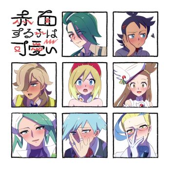 3girls 5boys ahoge antenna_hair arven_(pokemon) black_hair blonde_hair blue_eyes blue_hair blush blushing_girls_are_cute_(template) brown_hair closed_mouth collared_shirt colress_(pokemon) covering_own_mouth earrings eyelashes gloves goh_(pokemon) green_hair hairband hand_up haruki_sparsa hat highres irida_(pokemon) jasmine_(holiday_2022)_(pokemon) jasmine_(pokemon) jewelry long_hair looking_at_viewer looking_to_the_side multicolored_hair multiple_boys multiple_drawing_challenge multiple_girls neck_ring nintendo one_side_up pokemon pokemon_(anime) pokemon_bw2 pokemon_journeys pokemon_legends:_arceus pokemon_masters_ex pokemon_oras pokemon_sv rika_(pokemon) ring shirt squiggle steven_stone suspenders two-tone_hair wallace_(pokemon) white_gloves white_hat