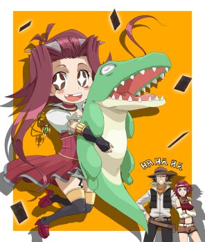 +_+ 00s 1boy 3girls alligator alternate_hairstyle alternate_universe bad_id bad_pixiv_id card card_with_aura chibi code_geass color_connection crocodile crocodilian crossover duel_monster fingerless_gloves floating_card gloves hairstyle_switch happy izayoi_aki jaga_note jewelry jim_crocodile_cook kouzuki_kallen laughing look-alike missing_tooth multiple_girls name_connection necklace pun skirt take_it_home thighhighs yu-gi-oh! yu-gi-oh!_5d's yu-gi-oh!_gx yu-gi-oh_(card)