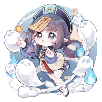 1girl absurdres aqua_choker aqua_hat bandaged_leg bandages bead_necklace beads black_hair black_hat blue_background blue_boots blue_shirt boots border chibi chinese_clothes chinese_commentary choker coin commentary_request dot_nose eyelashes fang full_body ghost gold_coin grey_eyes hair_ribbon hair_rings happy hat highres hitodama holed_coin infinity_nikki jewelry jiangshi lace-up_boots leaning_forward leg_up light_blush light_particles long_hair long_sleeves mismatched_boots moon necklace nighttime_whisper_(infinity_nikki) nikki_(series) nuli_de_chengzhi_er ofuda ofuda_on_head open_mouth outside_border outstretched_arms pointy_ears prayer_beads puffy_long_sleeves puffy_sleeves qingdai_guanmao red_ribbon ribbon romper round_border see-through_clothes see-through_sleeves shirt smile smoke solo tareme tress_ribbon two-tone_headwear white_boots white_border white_romper zombie_pose