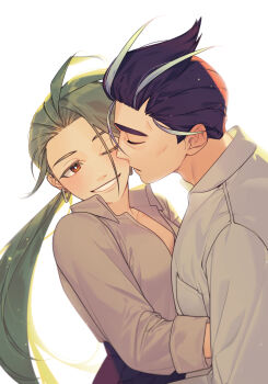 1boy 1girl black_hair bright_pupils brown_eyes closed_eyes collared_shirt commentary_request earrings green_hair grey_shirt grin hetero highres hug imminent_kiss jewelry korean_commentary larry_(pokemon) long_hair nintendo one_eye_closed pokemon pokemon_sv rika_(pokemon) rumong shirt short_hair smile teeth white_background white_pupils