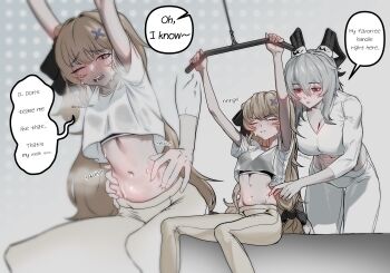 2girls absurdres atzza_a blonde_hair blush breasts cleavage closed_eyes commentary crop_top english_commentary english_text exercising grey_hair hands_on_another's_waist highres horns korean_text large_breasts long_hair long_sleeves mixed-language_commentary multiple_girls navel pants parted_lips phoebe_(wuthering_waves) purple_eyes red_eyes shirt smile speech_bubble stomach sweat white_pants white_shirt wuthering_waves yellow_pants yoga_pants yuri zani_(wuthering_waves)