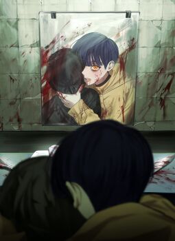1boy 1other absurdres asphyxiation bag_over_head bags_under_eyes blood blood_on_clothes blood_on_face blood_on_hands blood_on_mirror blood_on_wall bloody_weapon blue_hair blurry blurry_foreground from_behind highres horror_(theme) jacket knife lips mirror original parted_lips pliers reflection public_restroom riroi_(rntr_ll) short_hair sink strangling tile_wall tiles weapon yellow_eyes yellow_jacket
