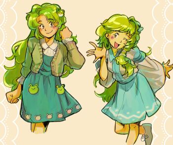 Rule 34 | 1girl, blue dress, blue skirt, blush, cardigan, commentary, dress, english commentary, frog hair ornament, green hair, hair ornament, highres, kochiya sanae, long hair, looking at viewer, molly yancey, multiple views, one eye closed, open mouth, skirt, smile, touhou, wide sleeves
