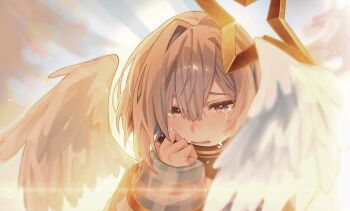 1girl amane_kanata amane_kanata_(1st_costume) angel angel_wings asymmetrical_hair blue_hair bob_cut colored_inner_hair commentary_request crying day feathered_wings gingham_sleeves grey_hair halo hand_up hololive looking_at_viewer multicolored_hair nananatu_1218 open_mouth purple_eyes short_hair single_hair_intake solo star_halo streaming_tears sunlight tears upper_body virtual_youtuber warm_colored white_wings wings