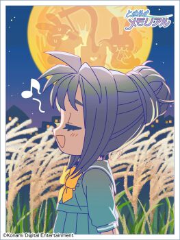 Rule 34 | 1girl, arms behind back, artist request, backlighting, blouse, blue sailor collar, blue shirt, blue skirt, blue sky, blush, border, bow, breast pocket, building, chibi, chibi only, closed eyes, commentary request, company name, copyright name, copyright notice, cowboy shot, eating, eighth note, food, from side, full moon, gable roof, gradient background, gradient clothes, gradient hair, gradient shirt, gradient sleeves, grass, grey hair, hair bun, half updo, highres, house, katagiri ayako, kine, kirameki high school uniform, konami, logo, long sleeves, mallet, mochi, mochi trail, mochitsuki, moon, mortar (bowl), multicolored hair, music, musical note, nape, night, official art, open mouth, pleated skirt, pocket, profile, purple sky, rabbit, sailor collar, school, school uniform, second-party source, serafuku, shirt, sidelocks, singing, skirt, sky, sleeve cuffs, solo, star (sky), sweatdrop, tall grass, tokimeki memorial, tokimeki memorial 1, triangle mouth, tsukimi, wheat field, white border, winter uniform, yellow bow, yellow moon