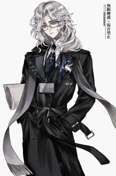 1boy absurdres alternate_costume alva_lorenz belt belt_buckle bespectacled black_belt black_coat blue_eyes blue_necktie blue_ribbon brooch buckle buttons carrying carrying_under_arm chinese_commentary chinese_text closed_mouth coat collared_shirt cowboy_shot cross curtained_hair double-breasted ear_piercing expressionless eye_symbol flower_brooch fringe_trim glasses grey_scarf hair_over_shoulder hair_ribbon hands_in_pockets highres id_card identity_v jewelry lanyard lapel_pin lapels latin_cross long_hair long_sleeves looking_at_viewer low-tied_long_hair male_focus necktie notched_lapels official_alternate_hairstyle parted_bangs piercing ribbon scarf scroll shirt simple_background solo standing stole sushisushi_iiii sweater_guard trench_coat wavy_hair white_background white_hair white_shirt