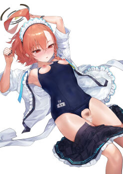 1girl absurdres ahoge black_halo black_nails black_skirt blue_archive blue_one-piece_swimsuit blush braid breast_cutout breasts clothing_cutout commentary_request crotch_cutout cum cum_in_pussy cutout female_focus female_pubic_hair fingernails halo highres legs_together loli lying maid_headdress mole mole_under_each_eye mole_under_eye multiple_moles nail_polish neru_(blue_archive) nipples on_back one-piece_swimsuit open_clothes open_shirt pubic_hair red_hair shirt short_hair single_braid skirt small_breasts solo swimsuit torn_clothes torn_swimsuit white_shirt yanyo_(ogino_atsuki)