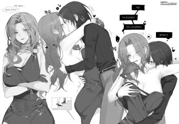 2girls absurdres arms_around_neck augustus_(path_to_nowhere) chief_(path_to_nowhere) closed_eyes cowboy_shot crossed_arms dress female_chief_(path_to_nowhere) gloves greyscale highres hug kiss korean_text looking_at_viewer monochrome multiple_girls multiple_views one_eye_closed path_to_nowhere seol_(baconontheclock) speech_bubble upper_body white_background yuri