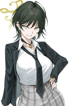 1girl absurdres bad_id bad_twitter_id black_choker black_hair black_jacket black_necktie blue_archive breasts choker collared_shirt cowboy_shot dress_shirt earrings fuyu_(blue_archive) grey_skirt grin hair_between_eyes hand_on_own_hip highres jacket jewelry large_breasts looking_at_viewer mitsukichi mole mole_under_eye necktie open_clothes open_jacket plaid_clothes plaid_skirt shirt short_hair simple_background skirt smile solo striped_clothes striped_necktie swept_bangs watch white_background white_shirt wolf_cut wristwatch yellow_eyes