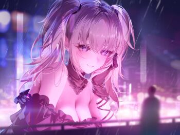 1boy 1girl ani_(xai) black_choker black_dress black_gloves blade_runner_(series) blade_runner_2049 blonde_hair blue_eyes breasts choker cleavage closed_mouth dress gloves hand_on_own_cheek hand_on_own_face highres junpaku_karen lace lace_choker large_breasts long_hair meme scene_reference smile twintails twitter upper_body xai_(company) you_look_lonely_(meme)