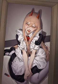 1girl absurdres alternate_costume apron black_dress black_shoes blonde_hair chainsaw_man chinese_commentary commentary_request cross-shaped_pupils demon_girl demon_horns dress enmaided frilled_apron frills full_body hair_between_eyes highres horns indoors lipstick long_hair long_hair_between_eyes long_sleeves looking_at_viewer lucky_strike_(yukiwhite_0418) maid maid_apron makeup nail_polish pantyhose pink_nails power_(chainsaw_man) red_horns sharp_teeth shoes short_sleeves sitting solo symbol-shaped_pupils teeth tongue tongue_out war wariza white_apron white_pantyhose yellow_eyes