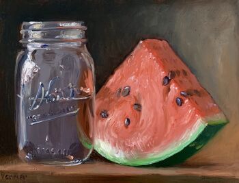 Rule 34 | artist name, commentary, english commentary, food, food focus, fruit, fruit focus, highres, jar, no humans, noah verrier, oil painting (medium), original, painting (medium), still life, traditional media, watermelon, watermelon slice
