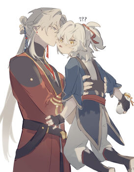 !? 2boys age_difference aged_down artisanship_commission_uniform_(honkai:_star_rail) carrying carrying_person chinese_clothes hair_between_eyes hair_ribbon honkai:_star_rail honkai_(series) jing_yuan kiss long_hair long_sleeves looking_at_another male_focus mississipping multiple_boys parted_bangs ponytail red_ribbon ribbon simple_background white_background white_hair yaoi