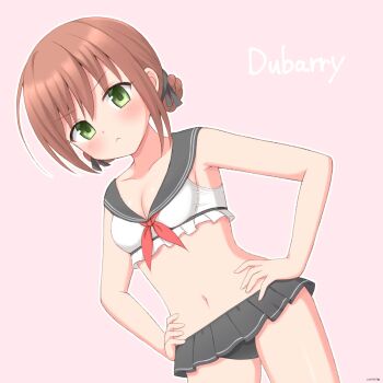 1girl artist_name bikini bikini_skirt bob_cut breasts brown_hair cassis_(orleans13x) cleavage duvalie eiyuu_densetsu english_text green_eyes hair_between_eyes hair_bun hands_on_own_hips highres light_frown looking_at_viewer medium_breasts navel pink_background plunging_neckline sen_no_kiseki sen_no_kiseki_(series) sen_no_kiseki_iv short_hair simple_background solo stomach swimsuit