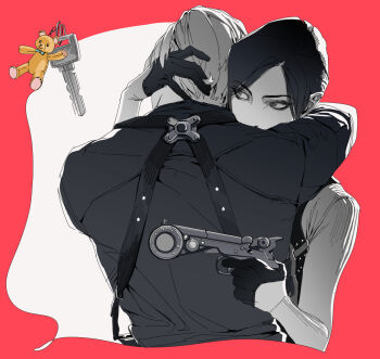 1boy 1girl ada_wong arm_around_neck black_gloves black_hair black_shirt border charm_(object) commentary couple cropped_torso gloves grey_eyes gun hand_in_another&#039;s_hair hetero highres holding holding_gun holding_weapon hug key leon_s._kennedy long_sleeves parted_bangs peanut9021 pink_border resident_evil resident_evil_4 resident_evil_4_(remake) shirt short_hair stuffed_animal stuffed_toy symbol-only_commentary teddy_bear upper_body weapon white_background