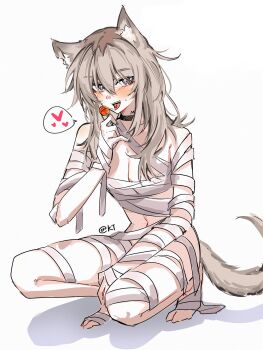 1girl animal_ear_fluff animal_ears artist_name between_legs black_choker blush body_writing breasts candy choker chupa_chups cleavage fingernails food full_body girls_band_cry girls_band_cry_rpg grey_eyes grey_hair grey_nails grey_tail halloween hand_between_legs hand_up heart highres holding holding_candy holding_food holding_lollipop kawaragi_momoka kemonomimi_mode legs_folded lollipop long_hair medium_breasts multicolored_hair mummy_costume nail_polish navel neck_tattoo open_mouth pealerprpr piercing roots_(hair) shadow simple_background solo spoken_heart squatting sweatdrop tail tail_raised tattoo tiptoes tongue tongue_out tongue_piercing two-tone_hair white_background wolf_ears wolf_girl wolf_tail