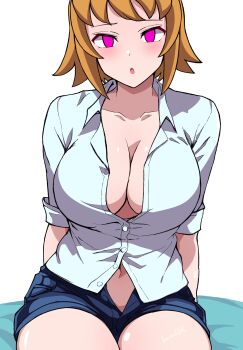 1girl absurdres artist_name batta_16-sei blush breasts cleavage collarbone collared_shirt commentary_request cowboy_shot denim denim_shorts gundam gundam_build_fighters gundam_build_fighters_try highres hoshino_fumina large_breasts looking_at_viewer navel open_fly orange_hair parted_lips partially_unbuttoned pink_eyes shirt short_hair shorts sitting solo white_background white_shirt
