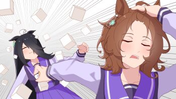 2girls absurdres adjusting_hair agnes_tachyon_(umamusume) ahoge animal_ears black_hair blush bow bowtie brown_hair chemical_structure closed_eyes closed_mouth commentary ear_tag earrings hair_between_eyes hand_in_own_hair hand_on_own_head highres horse_ears horse_girl jewelry long_bangs long_hair long_hair_between_eyes long_sleeves manhattan_cafe_(umamusume) medium_hair meme motion_blur multicolored_hair multiple_girls nanaken_(qijian23092715) naoya_hitting_choso_without_looking_(meme) open_mouth parody pleated_skirt purple_sailor_collar purple_serafuku purple_shirt purple_skirt sailor_collar sailor_shirt scene_reference school_uniform serafuku shirt single_earring skirt sugar_cube tracen_school_uniform umamusume very_long_hair white_bow white_bowtie white_hair