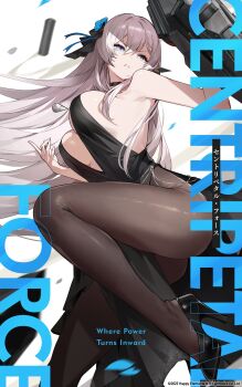 1girl absurdres black_choker black_dress black_ribbon blue_eyes blue_flower breasts character_request choker copyright_notice dress flower goomrrat grey_hair hair_flower hair_ornament hair_ribbon high_heels highres long_hair pantyhose reverseblue_x_re-birthend ribbon second-party_source sleeveless sleeveless_dress solo