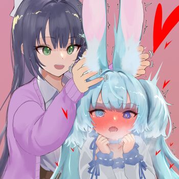 2girls :d animal_ear_fluff animal_ears aqua_choker aqua_eyes aqua_hair black_hair blue_eyes blush brown_skirt cardigan choker collared_shirt commentary_request drooling eargasm full-face_blush green_eyes heart height_difference hige_qr highres long_hair long_sleeves mouth_drool multiple_girls one_side_up open_mouth original pink_cardigan playing_with_another&#039;s_ears rabbit_ears shirt simple_background skirt smile trembling uncommon_stimulation uneven_eyes upper_body wavy_eyes white_shirt yuri