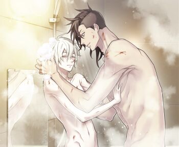 2boys baku_(slow_damage) bathroom black_hair blood closed_eyes cuts game_cg hands_on_another&#039;s_chest injury looking_at_another male_focus mirror multiple_boys muscular muscular_male nitro+_chiral nude official_art pushing_away shiro_(slow_damage) showering skinny slow_damage slow_damage_clean_dishes soap_bubbles steam washing_another washing_hair white_hair yamada_uiro yaoi