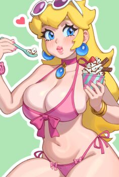 1girl alternate_breast_size_(larger) alternate_costume bikini blonde_hair blue_eyes blush breasts crown dress earrings eating food highres holding holding_spoon ice_cream jewelry large_breasts long_hair looking_at_viewer mario_(series) nail_polish navel nintendo princess_peach riz smile soft_serve solo sphere_earrings spoon string_bikini summer sundae swimsuit