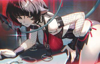 Rule 34 | 1girl, animal ears, blunt bangs, breasts, commentary request, cuffs, fishnet sleeves, fishnets, green eyes, handcuffs, jane doe (nocturne of light) (zenless zone zero), jane doe (zenless zone zero), large breasts, long hair, looking at viewer, mouse ears, official alternate costume, parted lips, scottie (phantom2), smile, solo, zenless zone zero