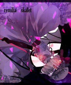 1girl backless_dress backless_outfit black_background bow commentary_request cowboy_shot dress elbow_gloves english_text engrish_text frilled_dress frills from_behind gloves glowing glowing_eyes grey_dress grey_hair grey_hat hat hat_bow letterboxed looking_at_viewer looking_back mob_cap one-hour_drawing_challenge ranguage red_bow red_eyes red_gloves remilia_scarlet shinjitsu_no_kuchi short_hair solo touhou upside-down