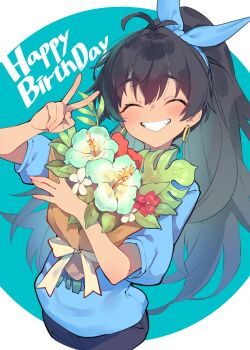 1girl absurdres ahoge black_hair blue_pants blue_ribbon blue_shirt bouquet closed_eyes commentary_request earrings facing_viewer flower ganaha_hibiki grin hair_ribbon hand_up happy_birthday highres holding holding_bouquet hoop_earrings idolmaster idolmaster_(classic) jewelry long_hair pants ponytail puffy_short_sleeves puffy_sleeves red_flower ribbon shirt short_sleeves smile solo sutora_binsuke v very_long_hair white_flower