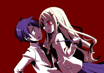 1boy 1girl assertive_female blazer blonde_hair chaos;head clothes_grab crying crying_with_eyes_open eye_contact face-to-face from_side frown glasses jacket kusunoki_yua long_hair long_sleeves looking_at_another mamimu_(ma-mi-mu.me) necktie necktie_grab neckwear_grab nishijou_takumi open_mouth pleated_skirt purple_hair purple_necktie purple_skirt red_background red_eyes scared school_uniform science_adventure simple_background skirt tears upper_body v-shaped_eyebrows white_jacket wide-eyed