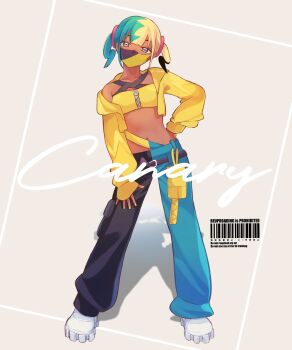 1girl absurdres bandeau barcode belt black_belt canari_(pokemon) character_name full_body hand_on_own_hip highres jacket looking_at_viewer mask mixed-language_commentary mouth_mask multicolored_hair nail_polish nintendo open_clothes open_jacket pants pokemon pokemon_legends:_z-a ryusa_(gjgd7445) shoes solo standing yellow_bandeau yellow_jacket yellow_nails zipper zipper_pull_tab