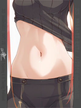 1girl black_pants black_shirt breasts clear_glass_(mildmild1311) clothes_lift commentary_request fire_emblem fire_emblem_awakening highres long_hair medium_breasts navel nintendo pants red_hair severa_(fire_emblem) shirt simple_background solo stomach