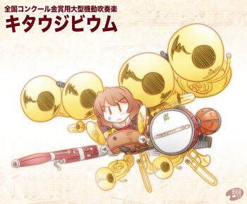 1girl bassoon brown_hair chibi commentary_request cymbals dendrobium_schema double_bass drum euphonium flute gundam gundam_0083 hibike!_euphonium instrument mobile_armor oumae_kumiko parody revision shizuki_michiru short_hair solo sweatdrop translation_request trombone trumpet tuba