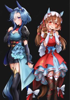 2girls admire_groove_(umamusume) animal_ears breasts brown_hair cleavage closed_mouth collarbone commentary_request dark_background detached_sleeves hair_between_eyes hair_ornament highres horse_ears horse_girl horse_tail looking_at_viewer medium_breasts mole mole_under_mouth multiple_girls open_mouth ponpochi red_eyes simple_background small_breasts still_in_love_(umamusume) tail thighhighs umamusume veil