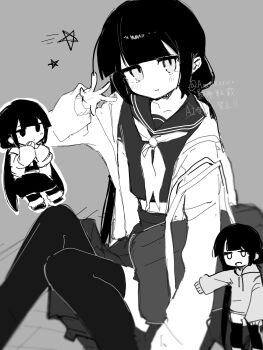 1girl bag closed_mouth expressionless grey_background greyscale hand_up hashtag-only_commentary highres hood hood_down hoodie inabakumori jacket long_hair long_sleeves miniskirt monochrome multiple_views neckerchief open_clothes open_jacket open_mouth osage_(nukunuku_nigirimeshi) pleated_skirt popo_(amslkkririr) sailor_collar sailor_shirt school_bag school_uniform serafuku shirt sitting skirt sleeves_past_fingers sleeves_past_wrists star_(symbol) thighhighs twintails twitter_username watermark zettai_ryouiki