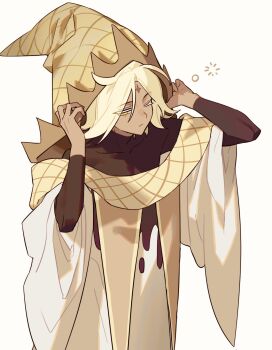 1boy ;( black_shirt blonde_hair brown_hat closed_mouth collarbone cookie_run cookie_run:_kingdom dark-skinned_male dark_skin eyes_visible_through_hair facial_mark flipped_hair food-themed_hat forehead_mark from_above hair_between_eyes hands_up hat highres humanization layered_sleeves long_sleeves looking_at_viewer male_focus one_eye_closed pure_vanilla_cookie robe shime52631 shirt short_hair simple_background solo squeans turtleneck turtleneck_shirt upper_body white_background white_robe wide_sleeves wizard_hat yellow_eyes