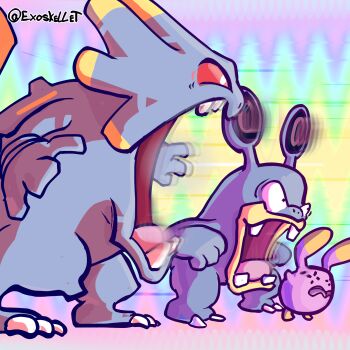 Rule 34 | commentary, english commentary, evolutionary line, exoskellet, exploud, from side, gen 3 pokemon, highres, loudred, motion blur, nintendo, no humans, open mouth, pokemon, pokemon (creature), pokemon focus, shouting, teeth, tongue, whismur