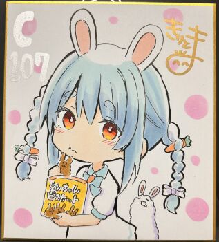 1girl :t absurdres aged_down bag blue_bow blue_hair blush bow braid carrot_hair_ornament chibi closed_eyes closed_mouth collared_dress commentary_request don-chan_(usada_pekora) dress drooling eating food food-themed_hair_ornament hair_bow hair_ornament highres holding holding_bag holding_food hololive kiritoma looking_at_viewer mouth_drool photo_(medium) rabbit-shaped_pupils red_eyes shikishi short_eyebrows solo_focus symbol-shaped_pupils thick_eyebrows traditional_media twin_braids twintails usada_pekora virtual_youtuber wavy_mouth white_bow white_dress