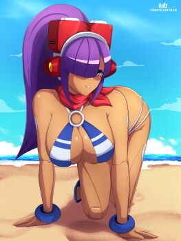 1girl absurdres android arm_support artist_name bandana beach bikini blunt_bangs bracelet breasts clenched_teeth dark-skinned_female dark_skin green_eyes hair_over_eyes headset high_ponytail highres hime_cut jewelry joints large_breasts layer_(mega_man) long_hair looking_at_viewer mega_man_(series) mega_man_x_(series) mega_man_x_dive mole mole_under_eye navel o-ring o-ring_bikini ocean official_alternate_costume ponytail purple_hair red_bandana rob_(robarts) robot_ears robot_girl robot_joints sky smile solo striped_bikini striped_clothes swimsuit swimsuit_layer_(mega_man) teeth