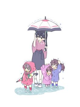 4girls adjusting_hair aged_down akagi_(kancolle) animal_ear_hood animal_ears bad_id bad_twitter_id black_eyes black_hair black_skirt blue_coat blush brown_hair closed_umbrella coat fake_animal_ears hand_on_own_head holding holding_umbrella hood hood_up houshou_(kancolle) japanese_clothes jibakurei_(elite_unchi) jitome kaga_(kancolle) kantai_collection kimono long_hair looking_up multiple_girls okobo open_mouth pink_coat pink_kimono platform_sandals ponytail puddle rain raincoat red_coat sandals simple_background skirt socks umbrella wet wet_hair white_background white_socks yamato_(kancolle)
