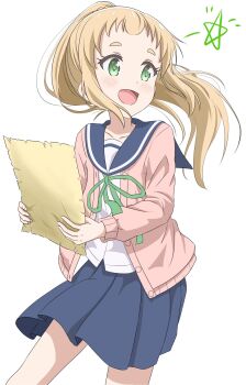 1girl blonde_hair blue_sailor_collar blue_skirt blush collarbone dot_nose feet_out_of_frame female_focus green_eyes green_ribbon highres holding inose_mai koisuru_asteroid legs long_hair long_sleeves map open_clothes open_mouth open_sweater pink_sweater ponytail qb_(qb46311027) ribbon sailor_collar school_uniform serafuku shirt simple_background skirt solo sweater white_background white_shirt