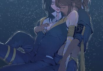 2girls armband black_hair black_jacket breasts brown_hair clair_obscur:_expedition_33 closed_eyes commentary_request cowboy_shot front-to-back hand_on_another&#039;s_chest hoj_duck jacket korean_commentary lune_(clair_obscur:_expedition_33) medium_hair multiple_girls navel night night_sky scar scar_on_face scar_on_nose sciel_(clair_obscur:_expedition_33) sky star_(sky) starry_sky yuri