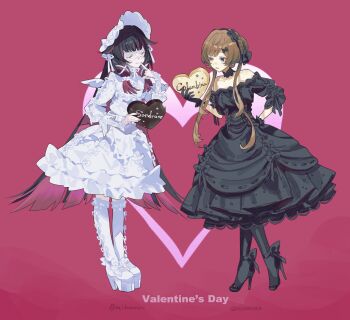 Rule 34 | 2girls, alternate costume, artist collaboration, bare shoulders, black choker, black dress, black hair, black pantyhose, black shoes, blue eyes, bonnet, boots, box, brown hair, character name, choker, closed eyes, columbina (genshin impact), commentary request, dress, eye mask, finger to mouth, food, food bite, full body, genshin impact, heart, heart-shaped box, high heels, highres, holding, holding food, kneehighs, long hair, long sleeves, mask, meameeea, mikuroron, multicolored hair, multiple girls, off-shoulder dress, off shoulder, over-kneehighs, pantyhose, platform shoes, purple hair, red background, sandrone (genshin impact), shoes, simple background, socks, standing, thighhighs, valentine, white bonnet, white boots, white dress