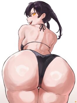 1girl artist_name ass ass_focus backboob bare_arms bare_back bare_shoulders bikini black_bikini black_hair breasts commentary_request en&#039;en_no_shouboutai from_behind from_below fukuya_art gradient_background grey_background hair_between_eyes halterneck highres looking_at_viewer looking_back looking_down medium_breasts medium_hair open_mouth orange_eyes profile revision smile solo standing swimsuit tamaki_kotatsu teeth thigh_gap twintails upper_teeth_only v-shaped_eyebrows white_background