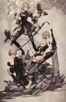 1boy 2b_(nier:automata) 2girls 9s_(nier:automata) a2_(nier:automata) android arm_support armlet ass back bare_shoulders black_dress black_hairband black_jacket black_shorts black_tank_top blue_eyes boots breasts catthy_trinh cleavage cleavage_cutout clothing_cutout commentary cube dress drone elbow_gloves english_commentary feather-trimmed_sleeves feather_trim gloves grey_hair hair_over_one_eye hairband high_heel_boots high_heels highres holding_cube jacket jewelry joints juliet_sleeves large_breasts long_sleeves looking_at_viewer micro_shorts midriff mole mole_under_mouth multiple_girls nier:automata nier_(series) no_blindfold planted planted_sword planted_weapon pod_(nier:automata) puffy_sleeves robot robot_joints rubble short_hair shorts signature smoke squatting standing sword tank_top thighhighs thighhighs_under_boots type-4o_blade virtuous_contract weapon