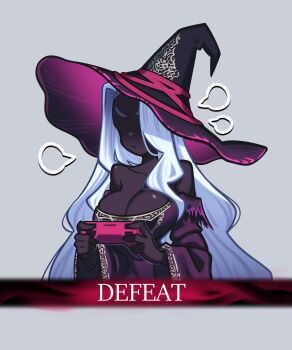 1girl absurdres angry bare_shoulders black_skin closed_mouth colored_skin commentary controller dark-skinned_female dark_skin defeat dress elden_ring elden_ring_nightreign english_text game_controller grey_background hat highres holding holding_controller large_hat loen long_hair long_sleeves no_eyes puff_of_air purple_dress recluse_(elden_ring) shiny_skin simple_background upper_body very_dark_skin very_long_hair white_hair wide_sleeves witch_hat