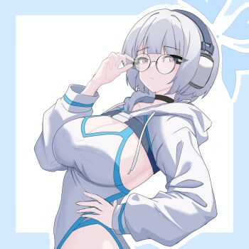 1girl adjusting_eyewear blue_archive blue_halo breasts commentary_request expressionless grey_pupils halo hand_on_eyewear hand_on_own_hip headphones highres hooded_shrug looking_at_viewer maddushn multicolored_one-piece_swimsuit one-piece_swimsuit round_eyewear short_white-haired_odyssey_student_(blue_archive) shrug_(clothing) sideboob solo swimsuit white_hair white_one-piece_swimsuit white_shrug