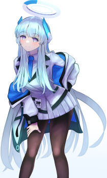 1girl absurdres between_legs black_pantyhose blue_archive blue_necktie blush breasts brown_pantyhose closed_mouth collared_shirt commentary_request feet_out_of_frame formal_clothes grey_hair halo hand_on_own_knee headgear headphones highres id_card jacket large_breasts long_hair long_sleeves looking_at_viewer mechanical_halo millennium_science_school_logo necktie noa_(blue_archive) off_shoulder open_clothes open_jacket pantyhose pleated_skirt purple_eyes shirt sidelocks skirt smile solo suit tongari_kin two-sided_fabric two-sided_jacket very_long_hair white_background white_hair white_halo white_jacket white_shirt white_skirt white_suit